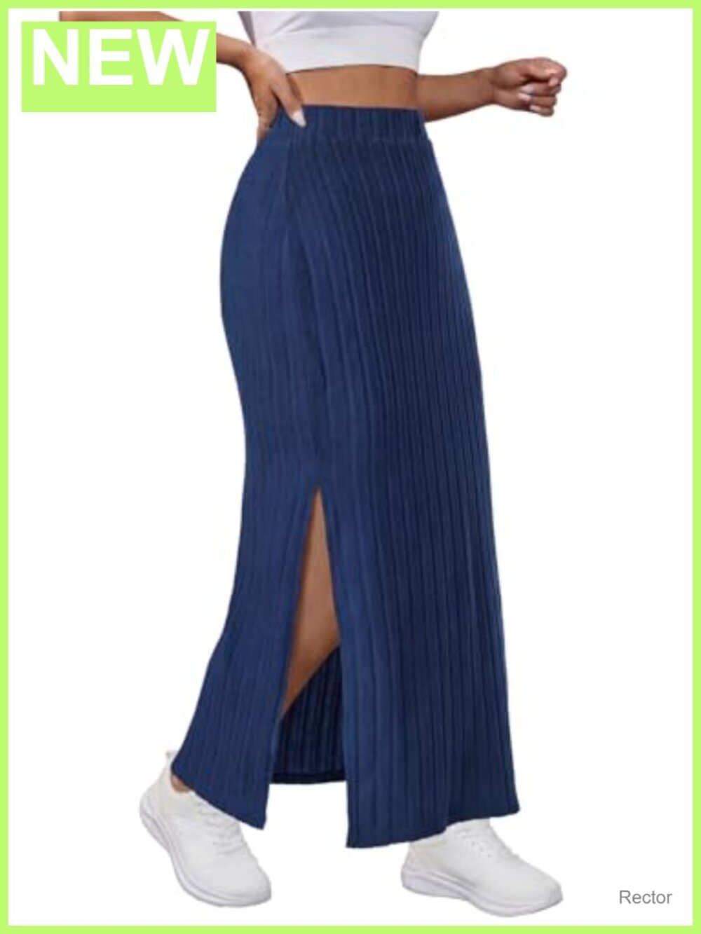 Ribbed Knit Midi Pencil Skirt Side Slit High Waisted Bodycon